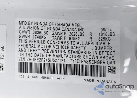 2025 Honda Civic Lx z USA, uszkodzony, nr VIN 2HGFE2F24SH527121